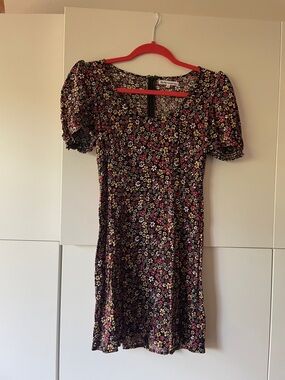 Reformation Black Floral Puff-Sleeve Mini Dress with Pink & Yellow Blossoms